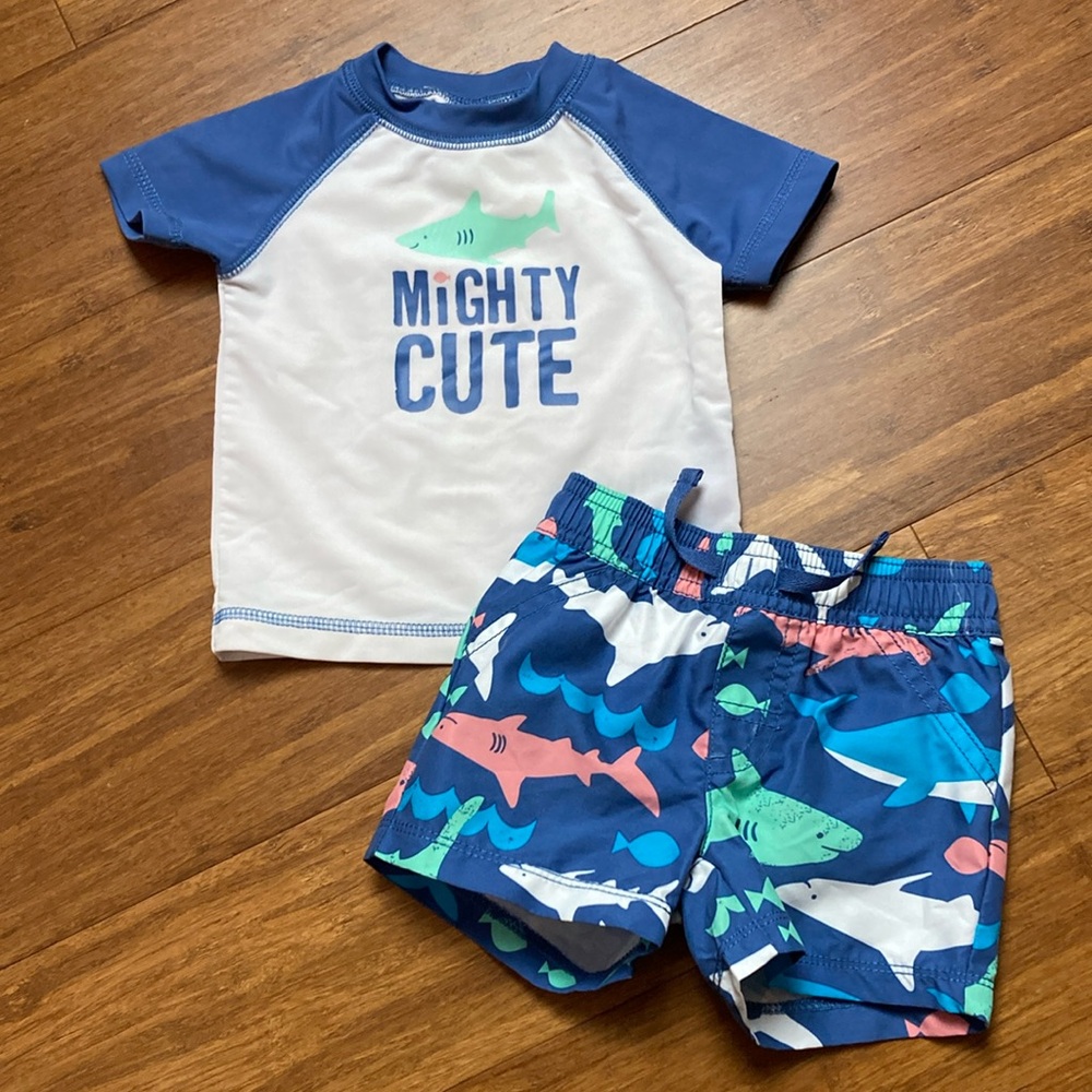 Carters Shark Print Rash Guard Swim Trunks 6M